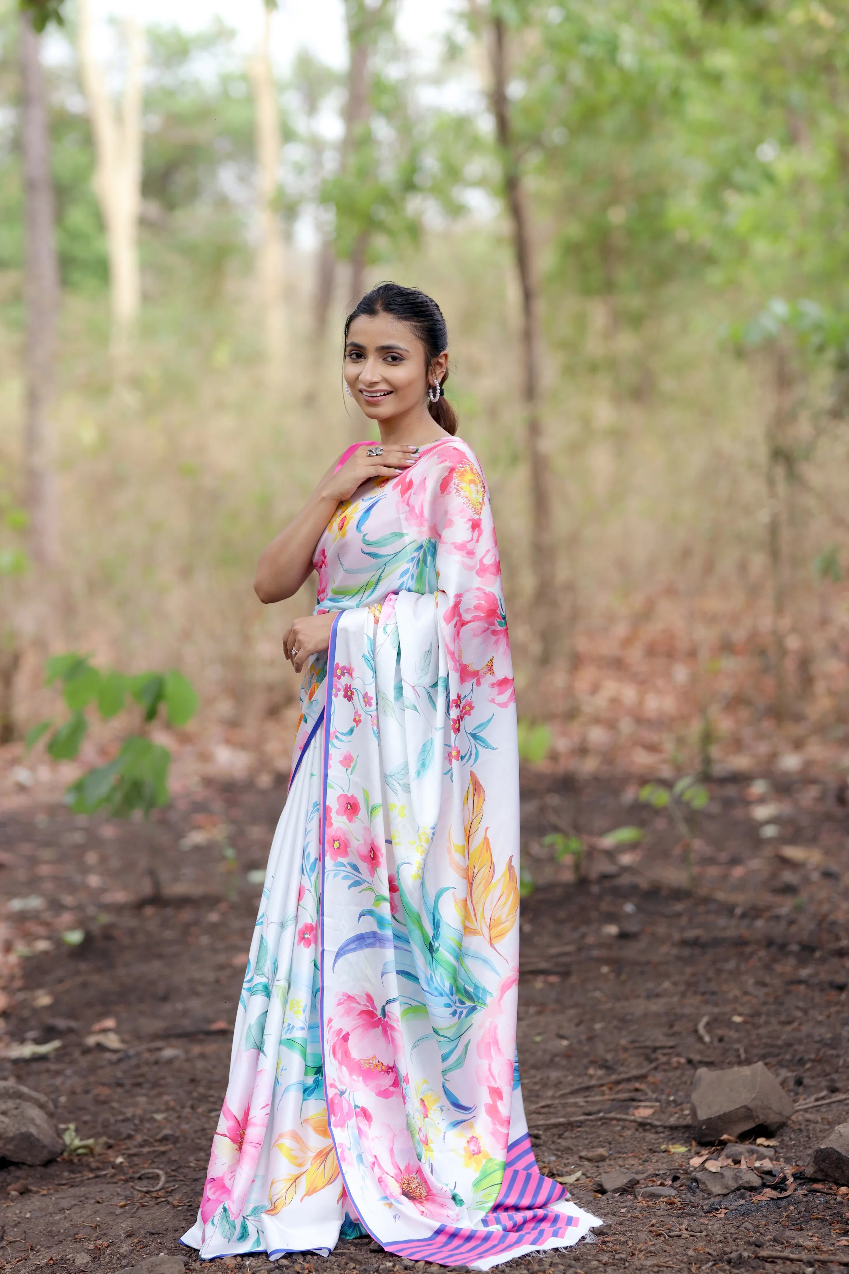 SHYAMIKA Japan Satin Multicolor Floral Print Saree with Blouse