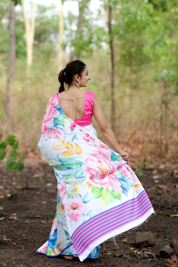 SHYAMIKA Japan Satin Multicolor Floral Print Saree with Blouse