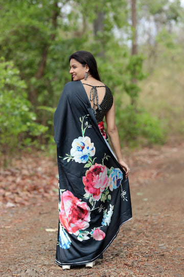 SHYAMIKA Japan Satin Bold Floral Digital Print Saree with Blouse