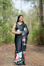 SHYAMIKA Japan Satin Bold Floral Digital Print Saree with Blouse