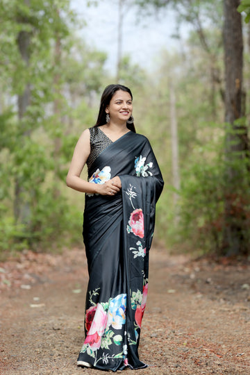SHYAMIKA Japan Satin Bold Floral Digital Print Saree with Blouse