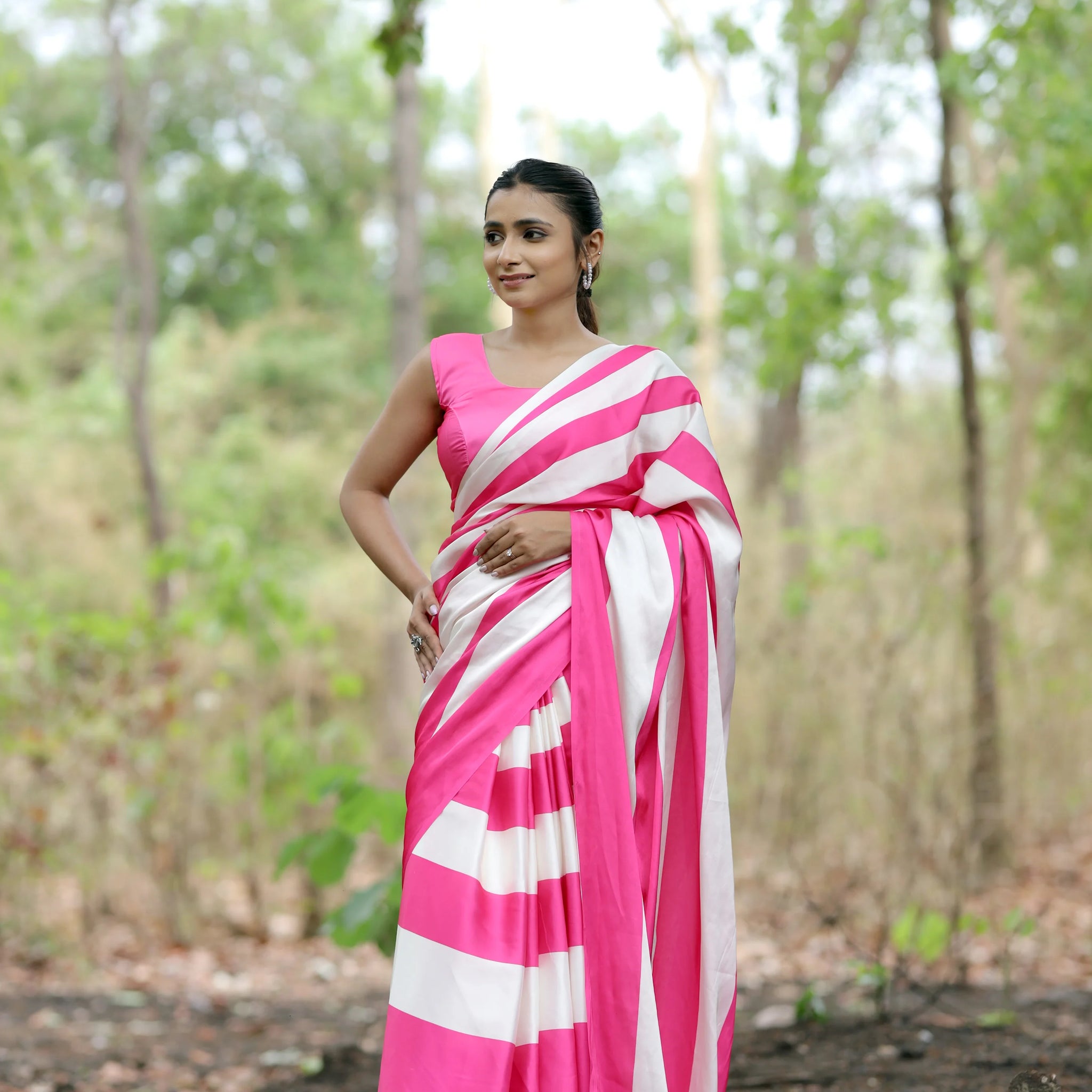 SHYAMIKA Japan Satin Digital Pink Leheriya Print Saree with Blouse