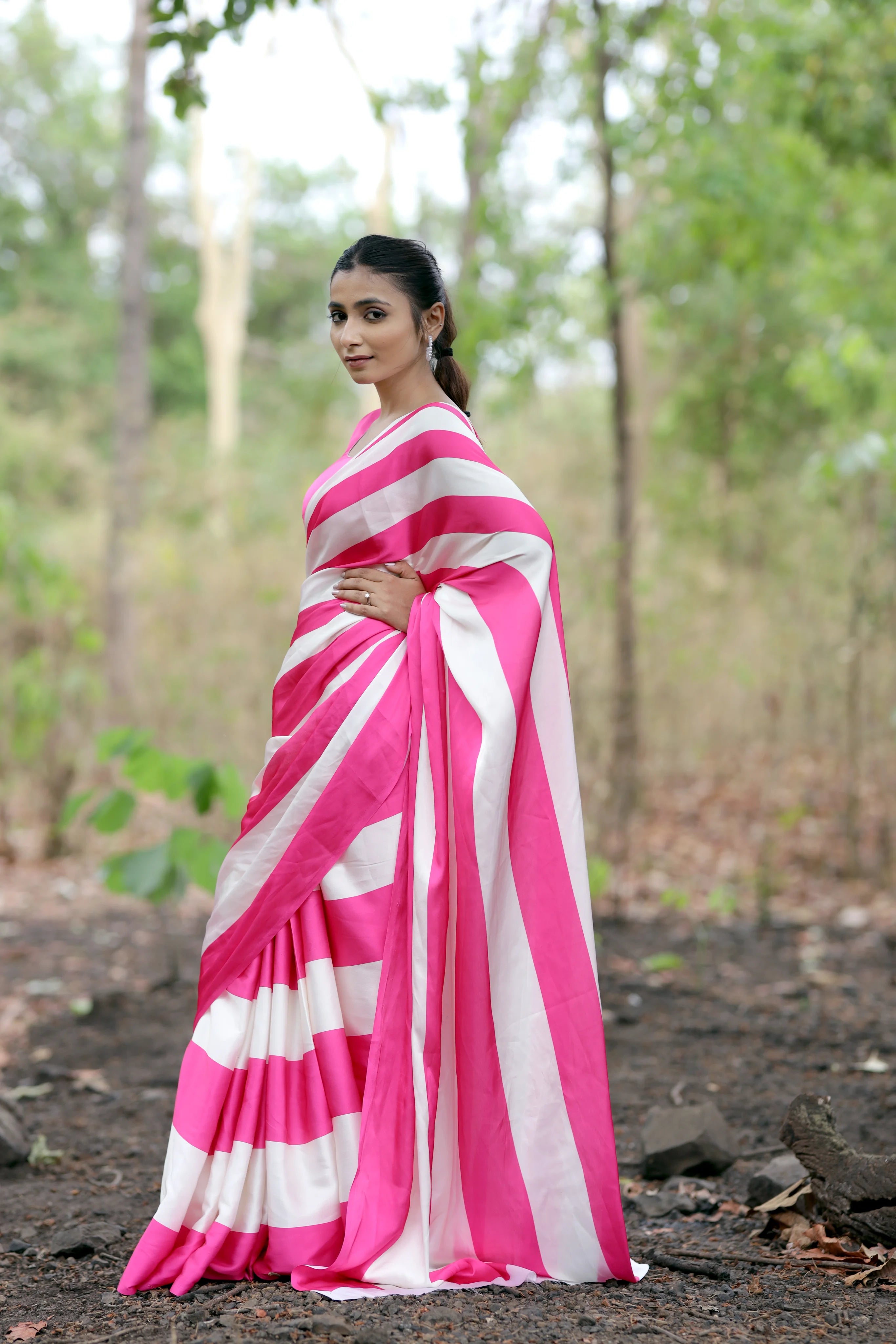 SHYAMIKA Japan Satin Digital Pink Leheriya Print Saree with Blouse