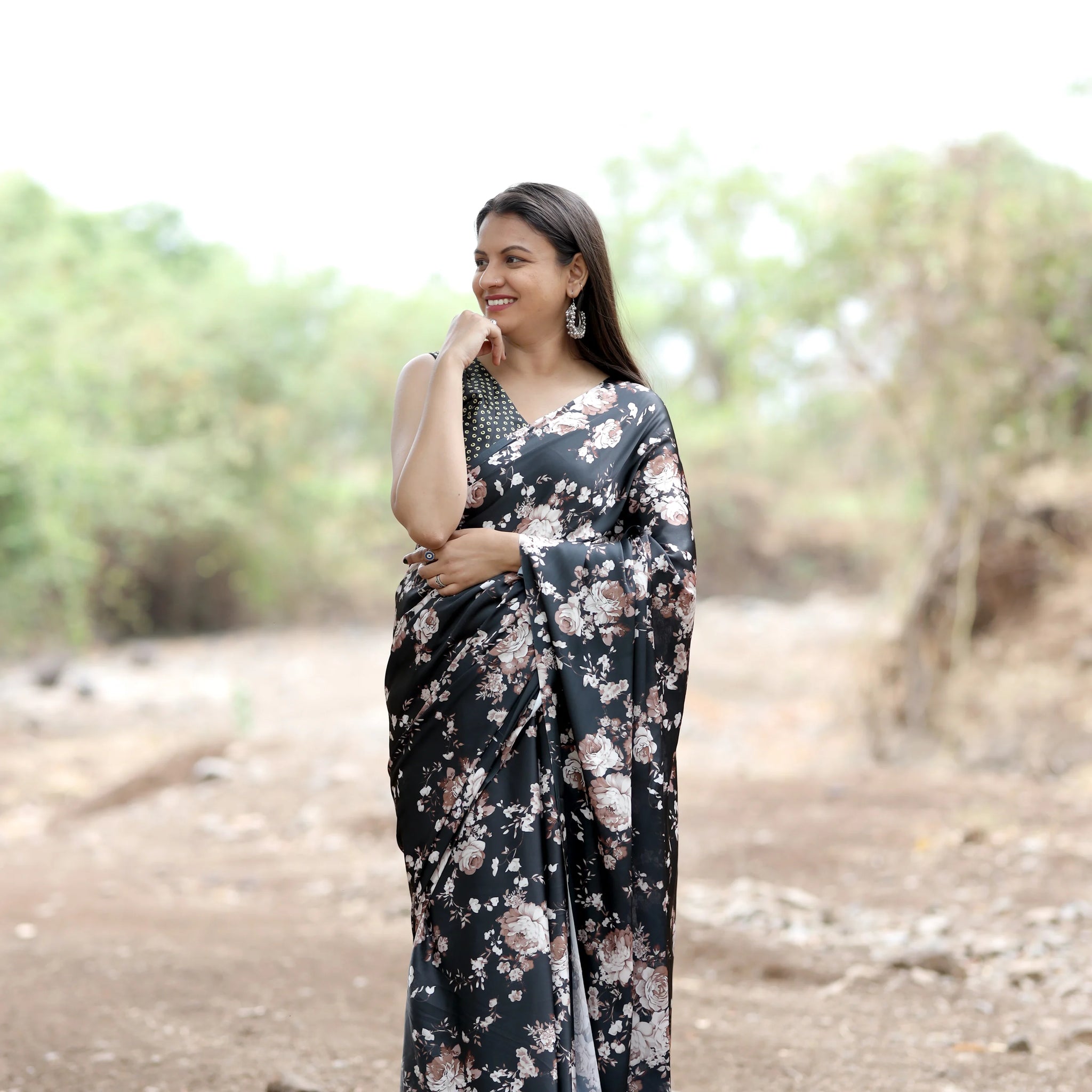 SHYAMIKA Japan Satin Digital Golden Floral Print Saree with Blouse