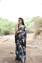 SHYAMIKA Japan Satin Digital Golden Floral Print Saree with Blouse