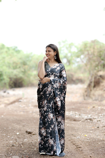 SHYAMIKA Japan Satin Digital Golden Floral Print Saree with Blouse