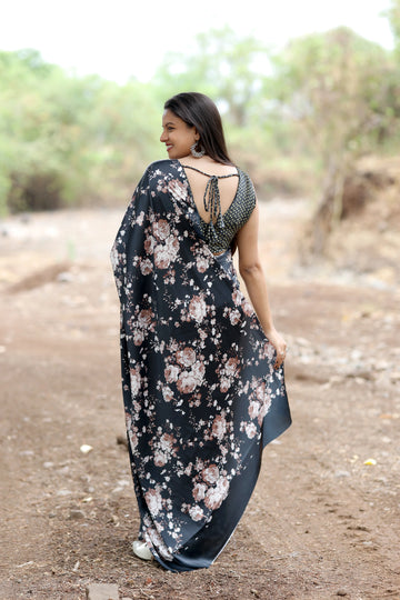 SHYAMIKA Japan Satin Digital Golden Floral Print Saree with Blouse