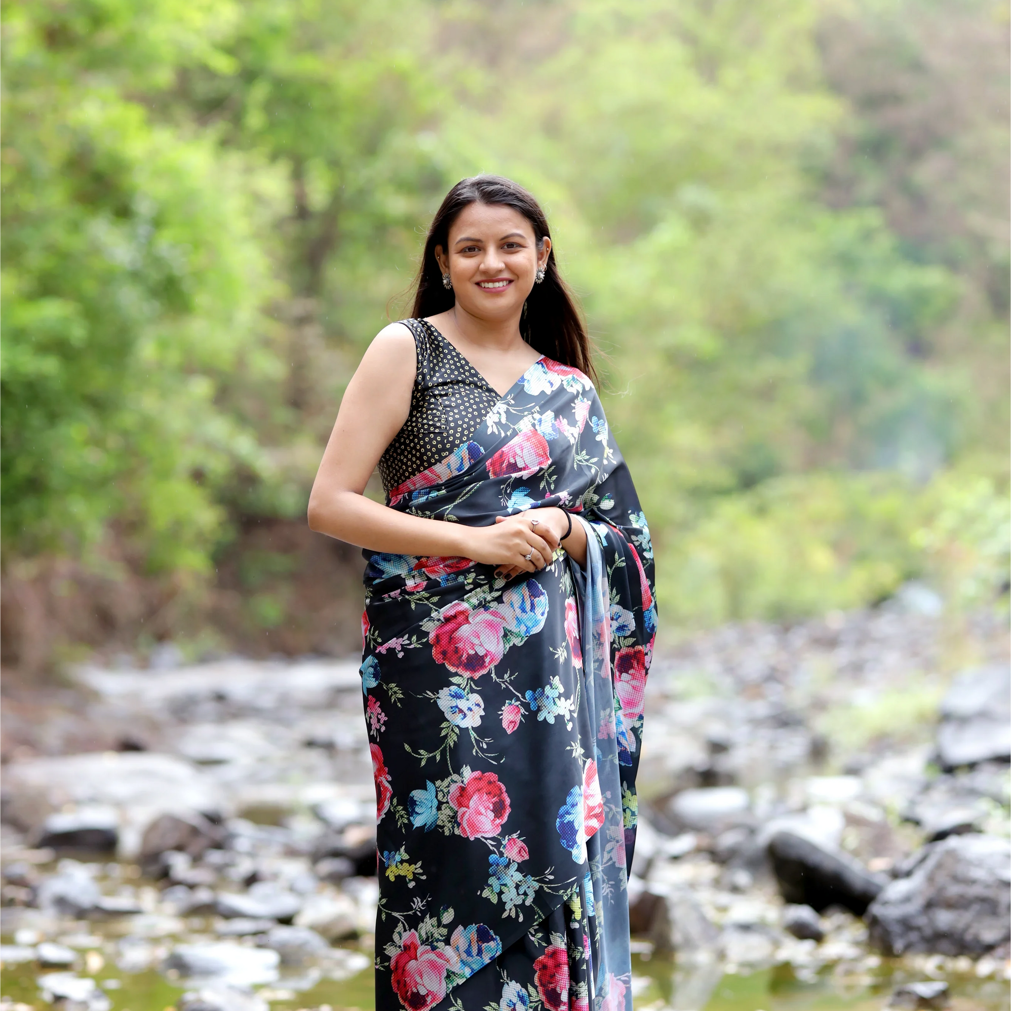 SHYAMIKA Japan Satin Floral Digital Print Black Saree with Blouse