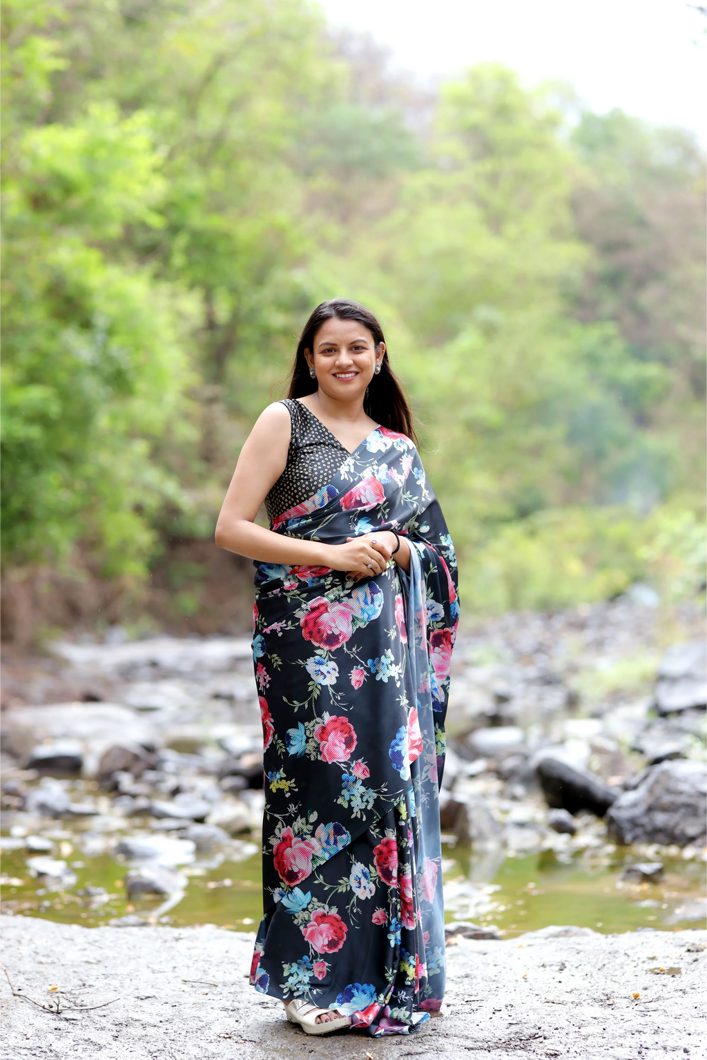 SHYAMIKA Japan Satin Floral Digital Print Black Saree with Blouse