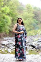 SHYAMIKA Japan Satin Floral Digital Print Black Saree with Blouse