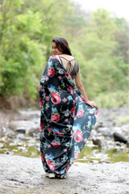 SHYAMIKA Japan Satin Floral Digital Print Black Saree with Blouse