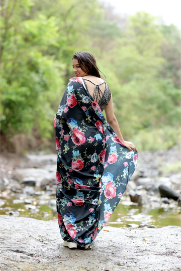 SHYAMIKA Japan Satin Floral Digital Print Black Saree with Blouse
