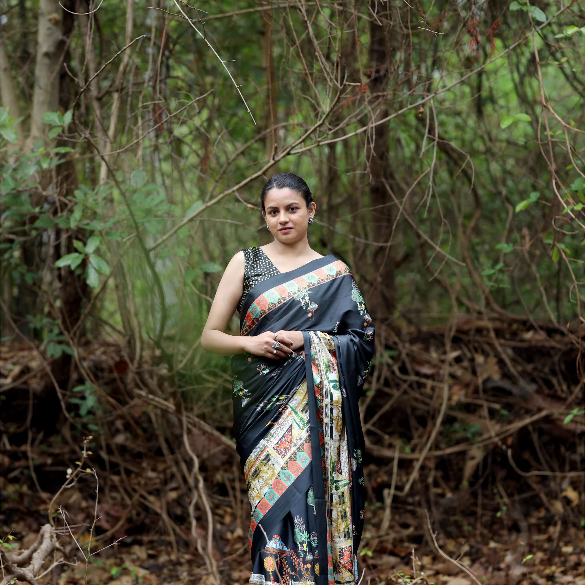 SHYAMIKA Japan Satin Temple Art Digital Print Saree with Blouse