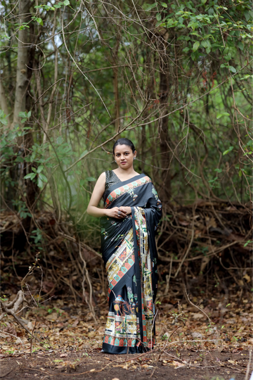 SHYAMIKA Japan Satin Temple Art Digital Print Saree with Blouse