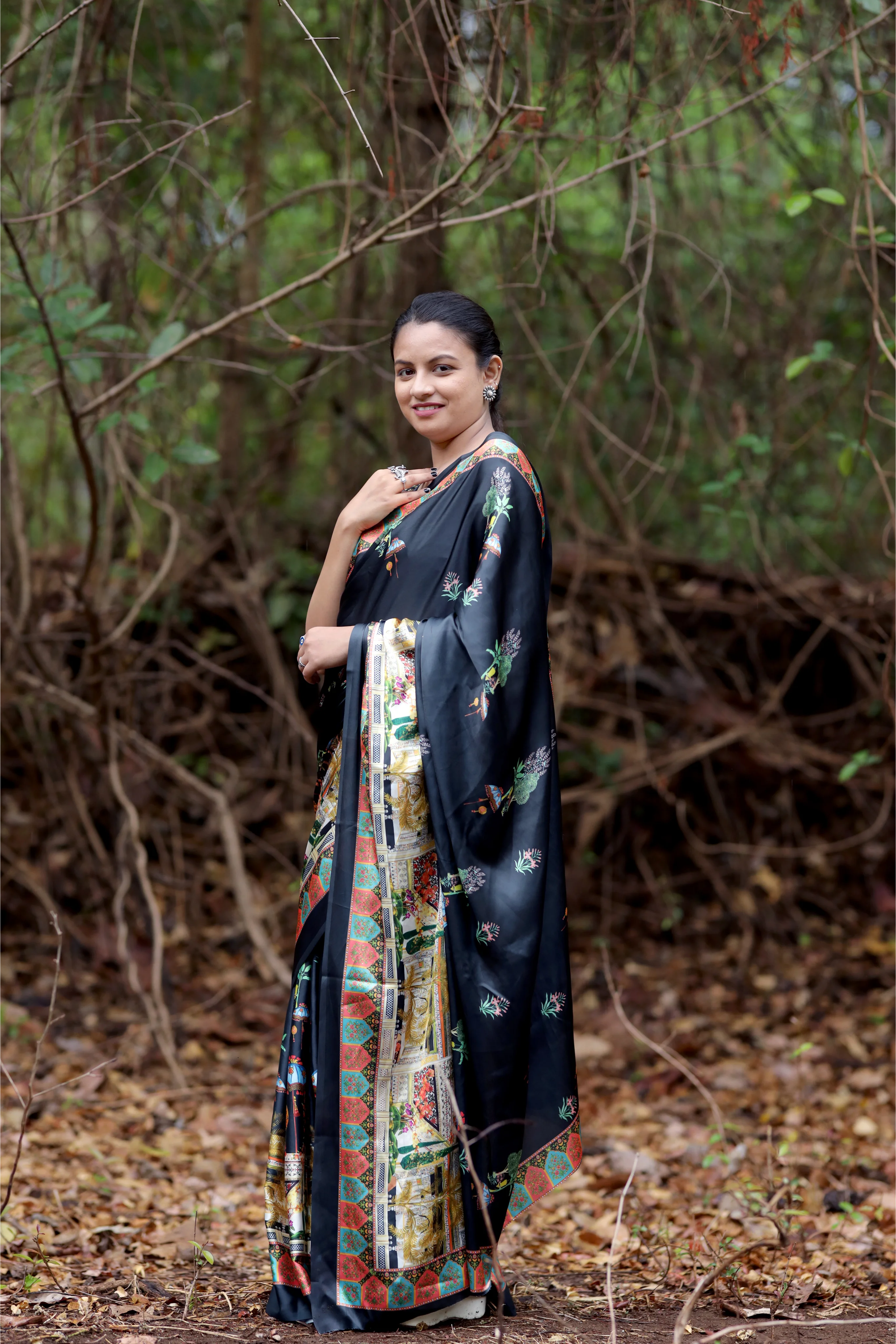 SHYAMIKA Japan Satin Temple Art Digital Print Saree with Blouse
