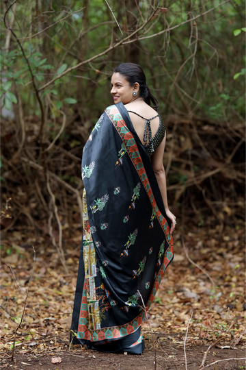SHYAMIKA Japan Satin Temple Art Digital Print Saree with Blouse