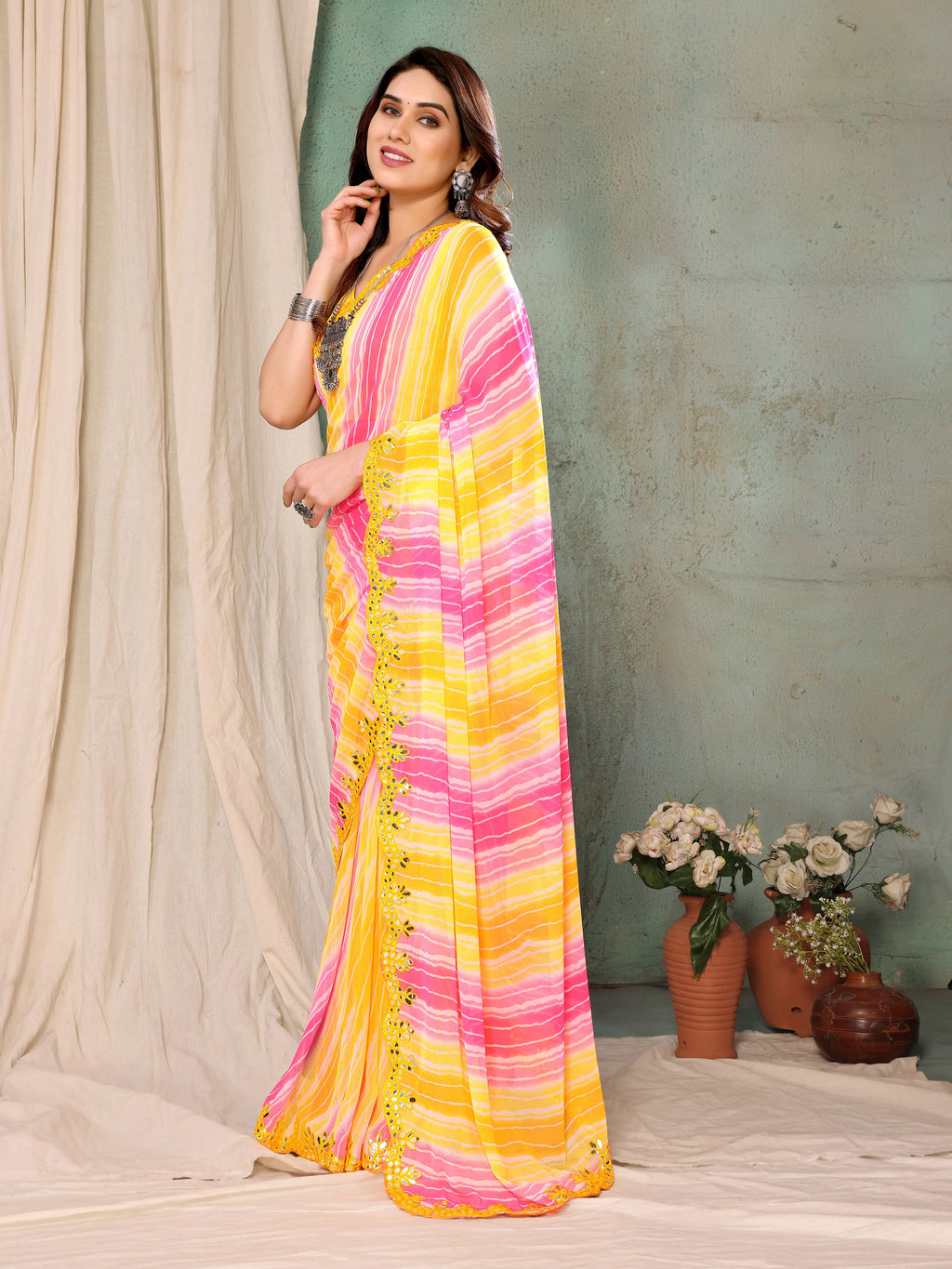 SHYAMIKA Georgette Yellow Pink Printed Saree with Fancy Mirror Lace and Blouse