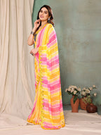 SHYAMIKA Georgette Yellow Pink Printed Saree with Fancy Mirror Lace and Blouse