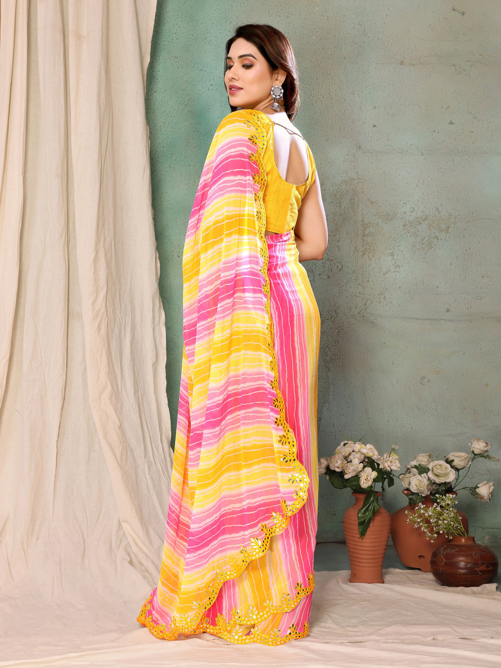 SHYAMIKA Georgette Yellow Pink Printed Saree with Fancy Mirror Lace and Blouse