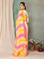 SHYAMIKA Georgette Yellow Pink Printed Saree with Fancy Mirror Lace and Blouse