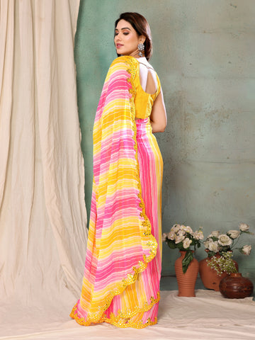 SHYAMIKA Georgette Yellow Pink Printed Saree with Fancy Mirror Lace and Blouse