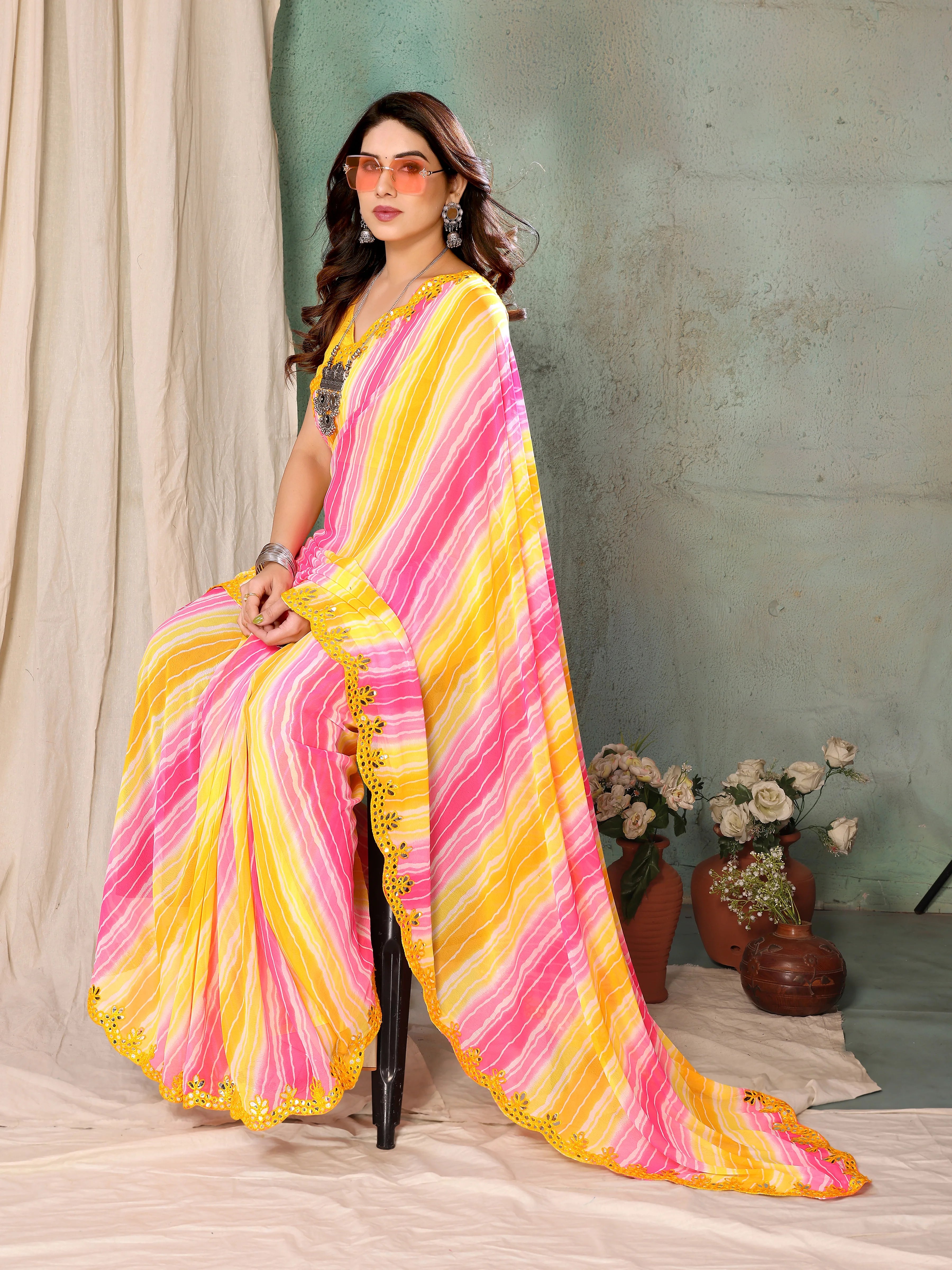 SHYAMIKA Georgette Yellow Pink Printed Saree with Fancy Mirror Lace and Blouse