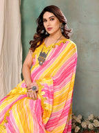 SHYAMIKA Georgette Yellow Pink Printed Saree with Fancy Mirror Lace and Blouse