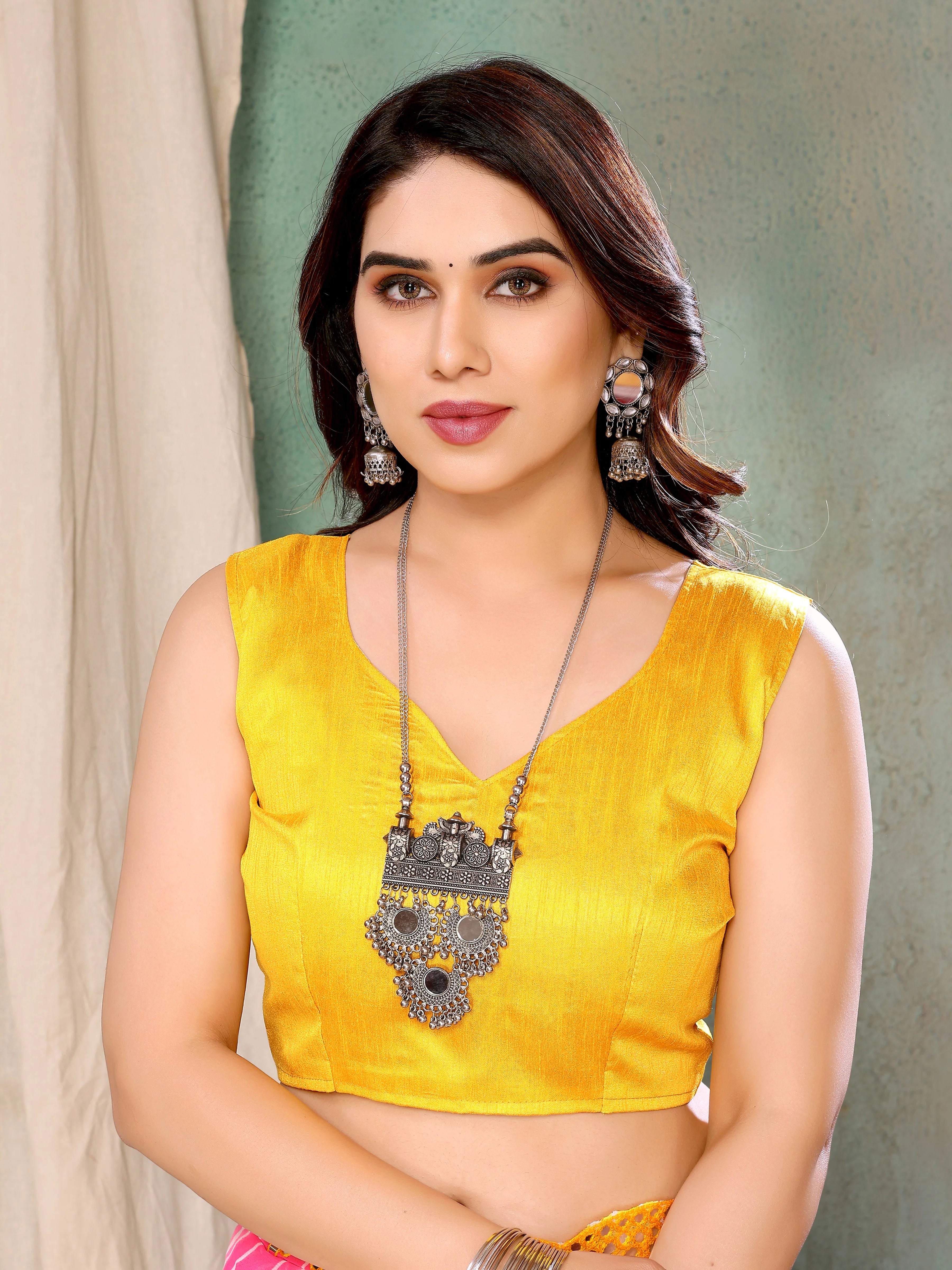 SHYAMIKA Georgette Yellow Pink Printed Saree with Fancy Mirror Lace and Blouse