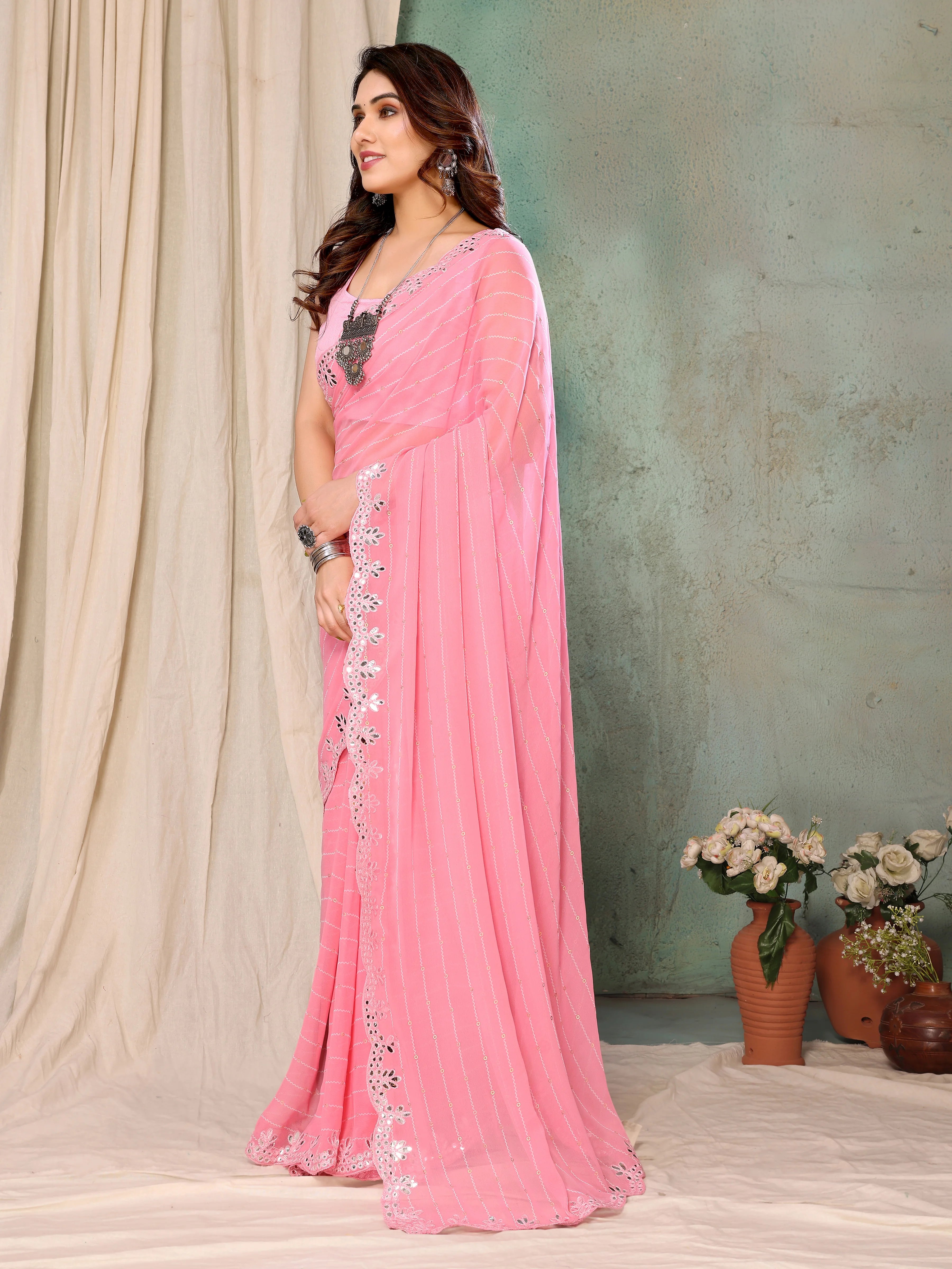 SHYAMIKA Georgette Printed Pink Saree with Fancy Mirror Lace and Blouse