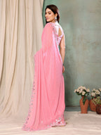 SHYAMIKA Georgette Printed Pink Saree with Fancy Mirror Lace and Blouse