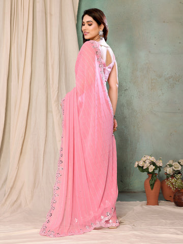 SHYAMIKA Georgette Printed Pink Saree with Fancy Mirror Lace and Blouse