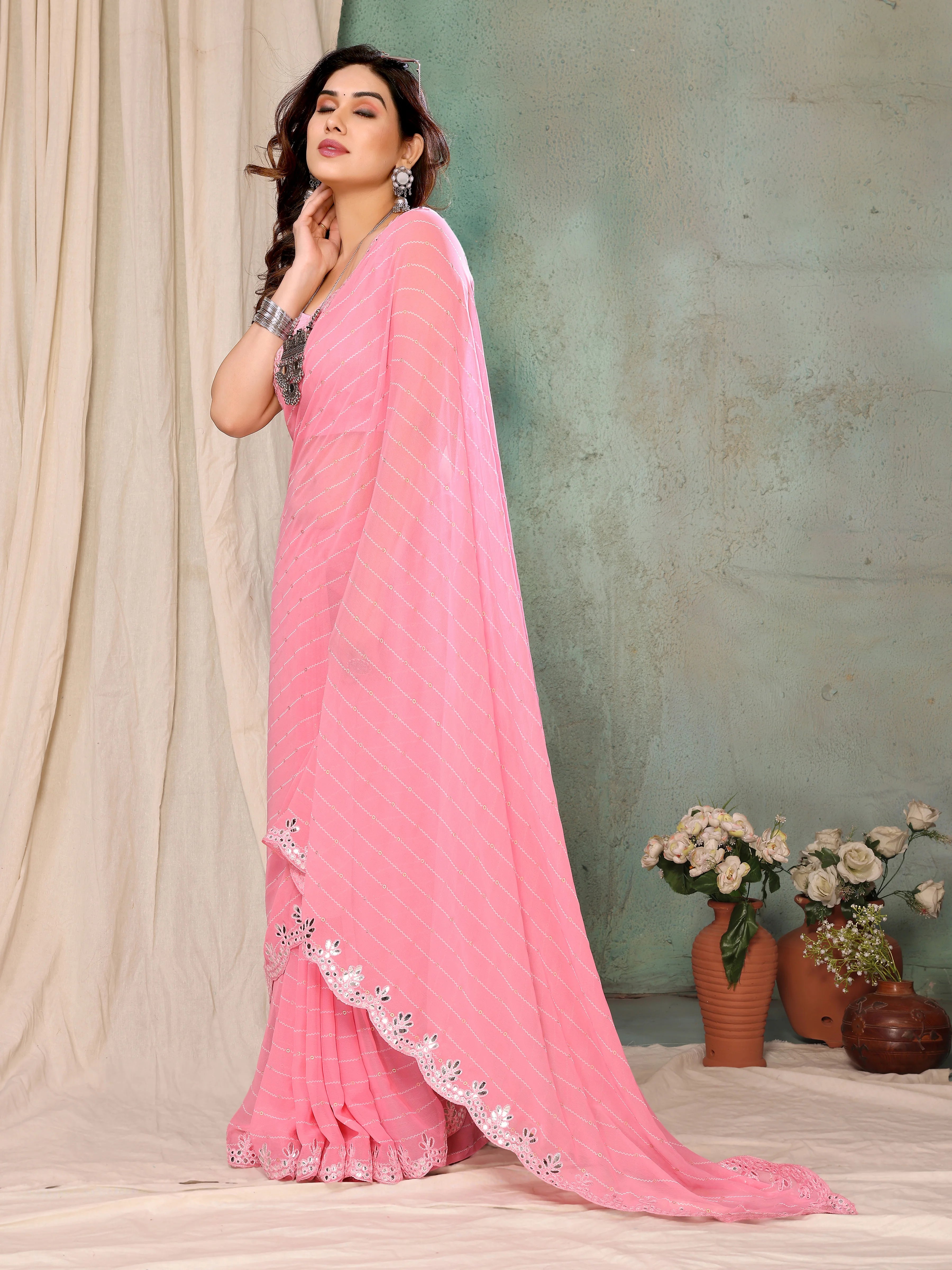 SHYAMIKA Georgette Printed Pink Saree with Fancy Mirror Lace and Blouse