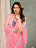 SHYAMIKA Georgette Printed Pink Saree with Fancy Mirror Lace and Blouse
