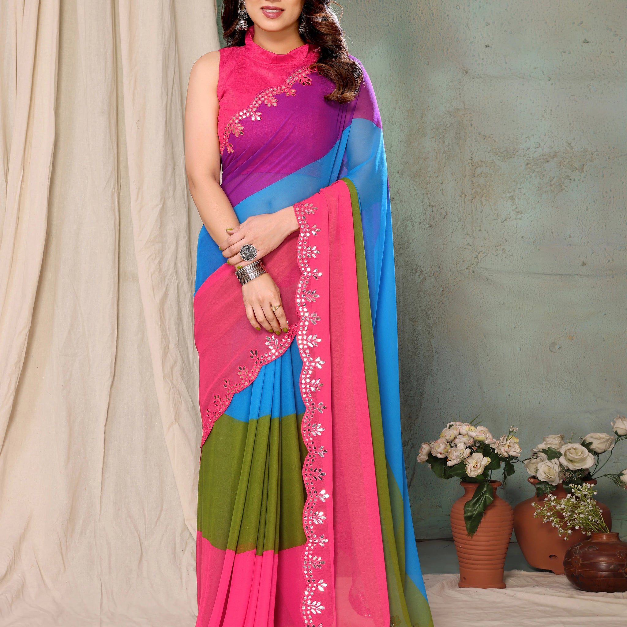 SHYAMIKA Georgette Multicolor Printed Saree with Fancy Mirror Lace and Blouse