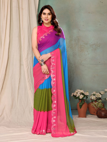 SHYAMIKA Georgette Multicolor Printed Saree with Fancy Mirror Lace and Blouse