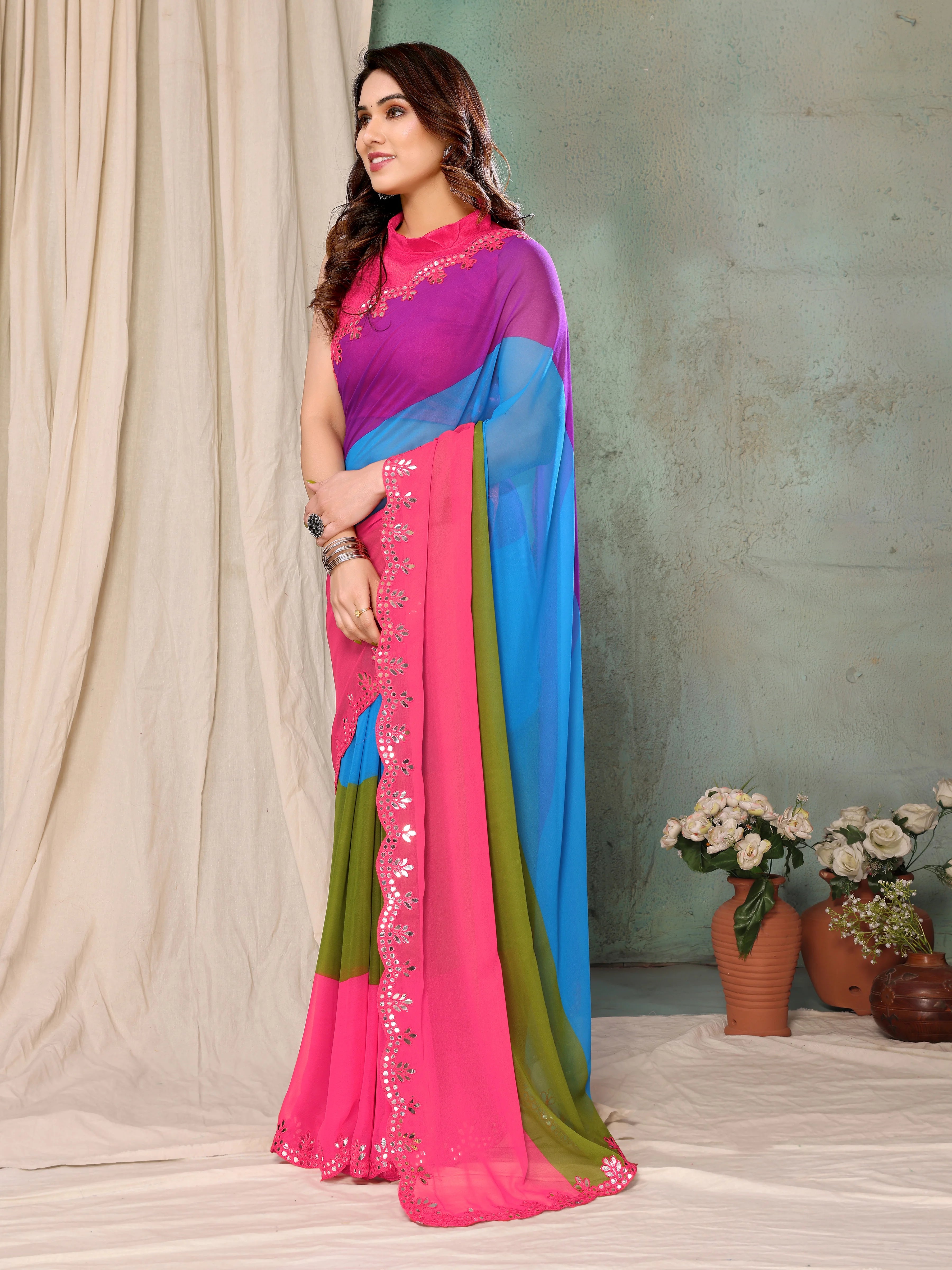 SHYAMIKA Georgette Multicolor Printed Saree with Fancy Mirror Lace and Blouse