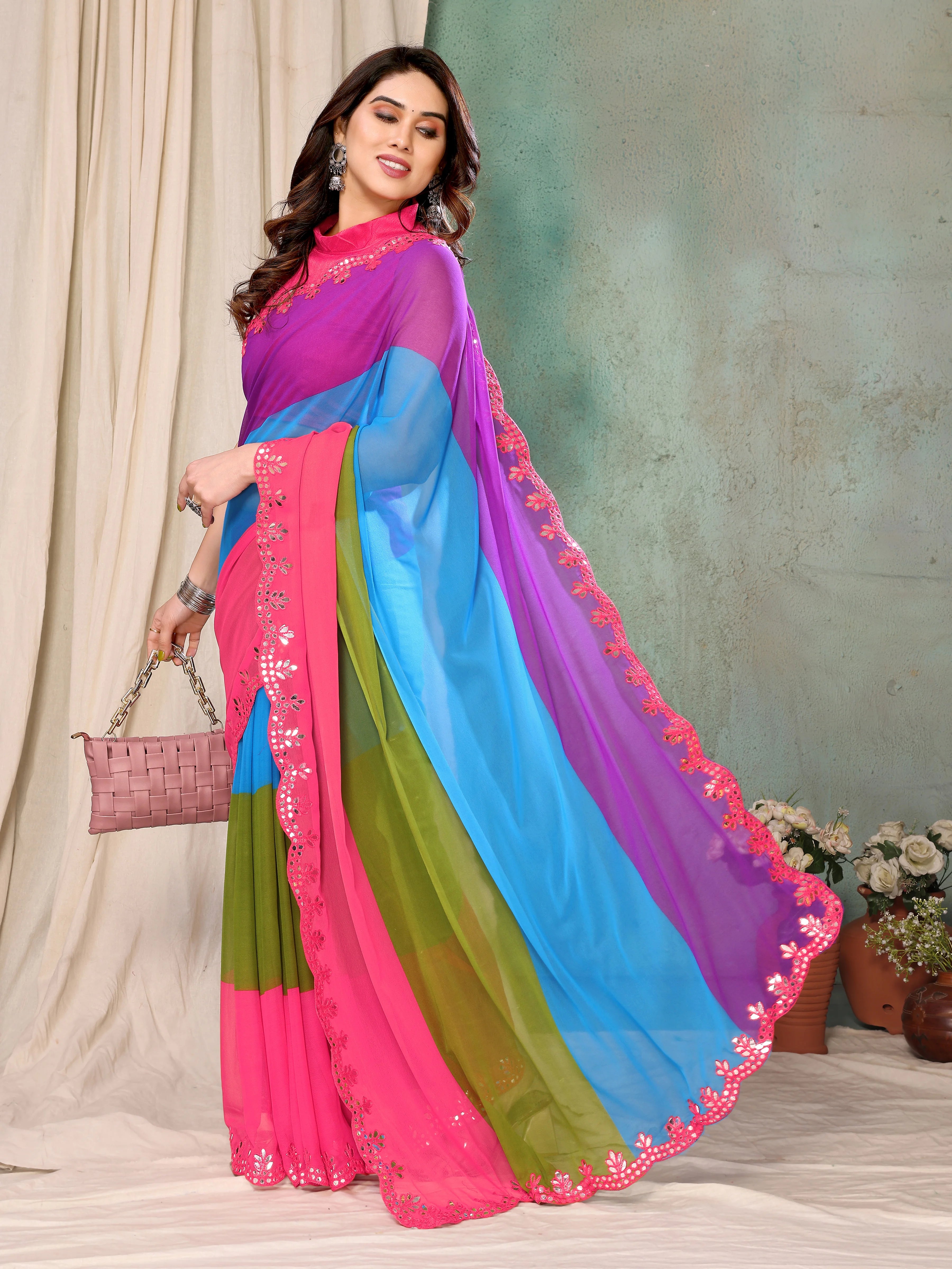 SHYAMIKA Georgette Multicolor Printed Saree with Fancy Mirror Lace and Blouse