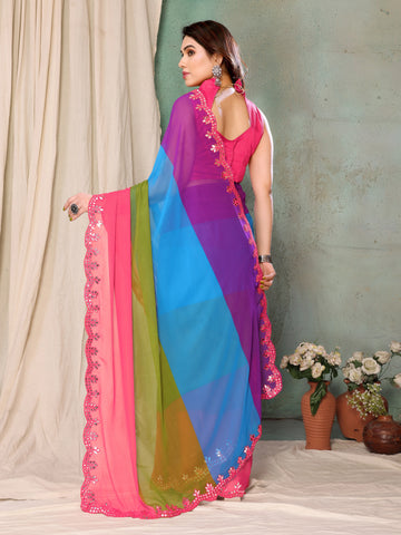 SHYAMIKA Georgette Multicolor Printed Saree with Fancy Mirror Lace and Blouse