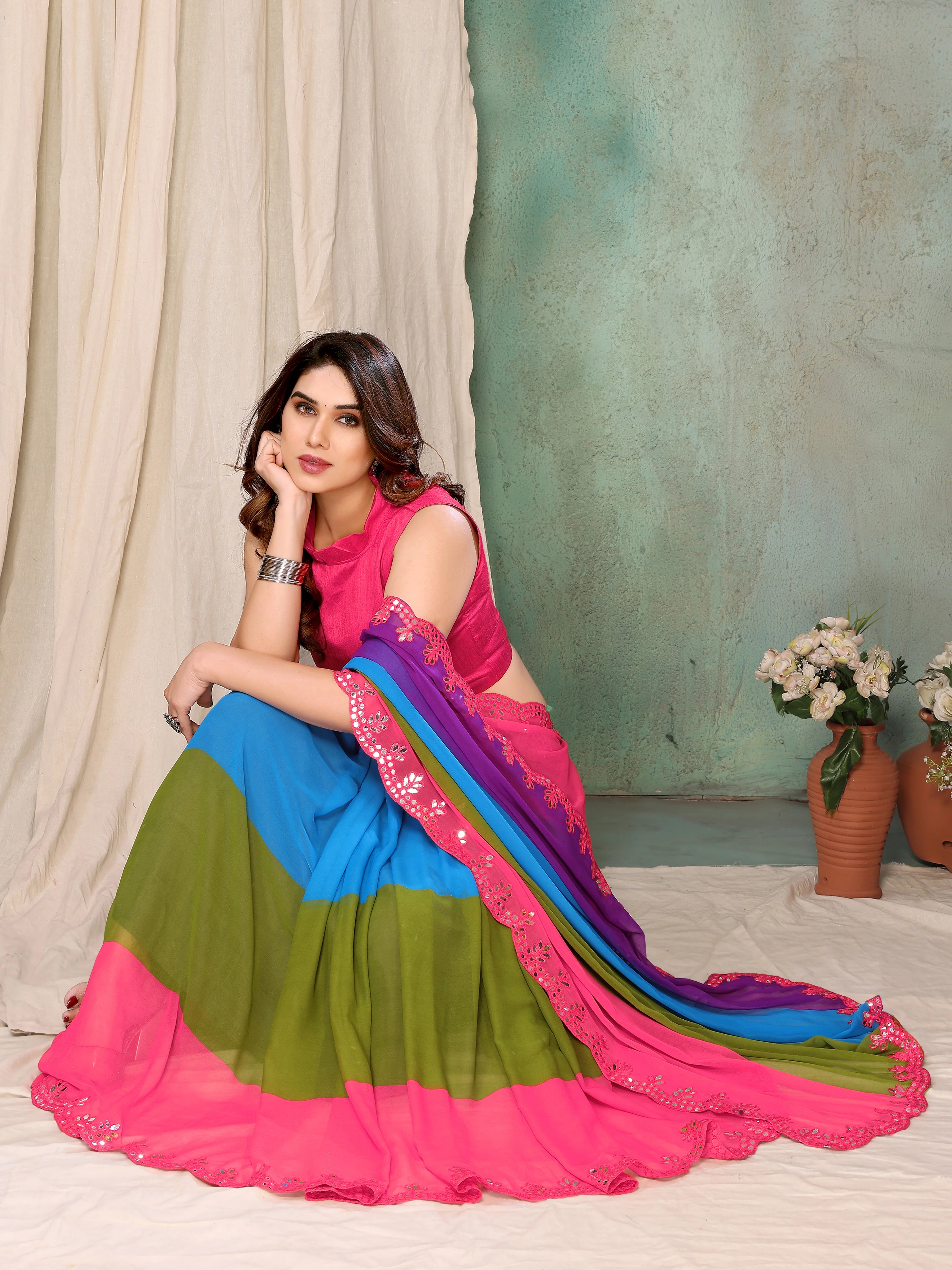SHYAMIKA Georgette Multicolor Printed Saree with Fancy Mirror Lace and Blouse