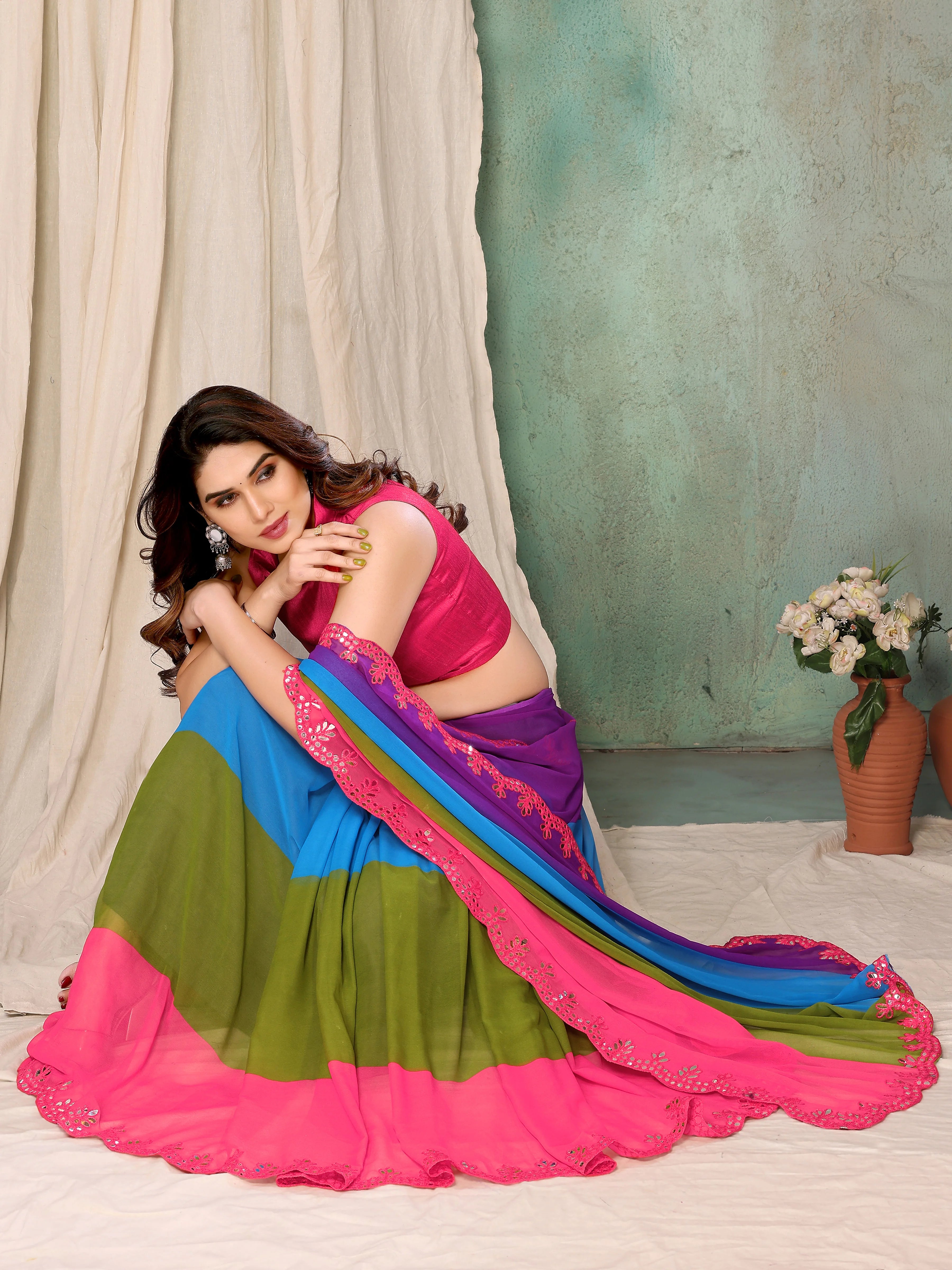 SHYAMIKA Georgette Multicolor Printed Saree with Fancy Mirror Lace and Blouse