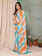 SHYAMIKA Georgette Orange Sky Tiger Printed Saree with Fancy Mirror Lace and Blouse