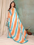 SHYAMIKA Georgette Orange Sky Tiger Printed Saree with Fancy Mirror Lace and Blouse