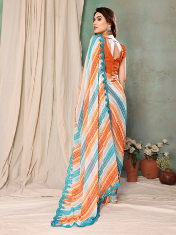 SHYAMIKA Georgette Orange Sky Tiger Printed Saree with Fancy Mirror Lace and Blouse