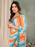 SHYAMIKA Georgette Orange Sky Tiger Printed Saree with Fancy Mirror Lace and Blouse