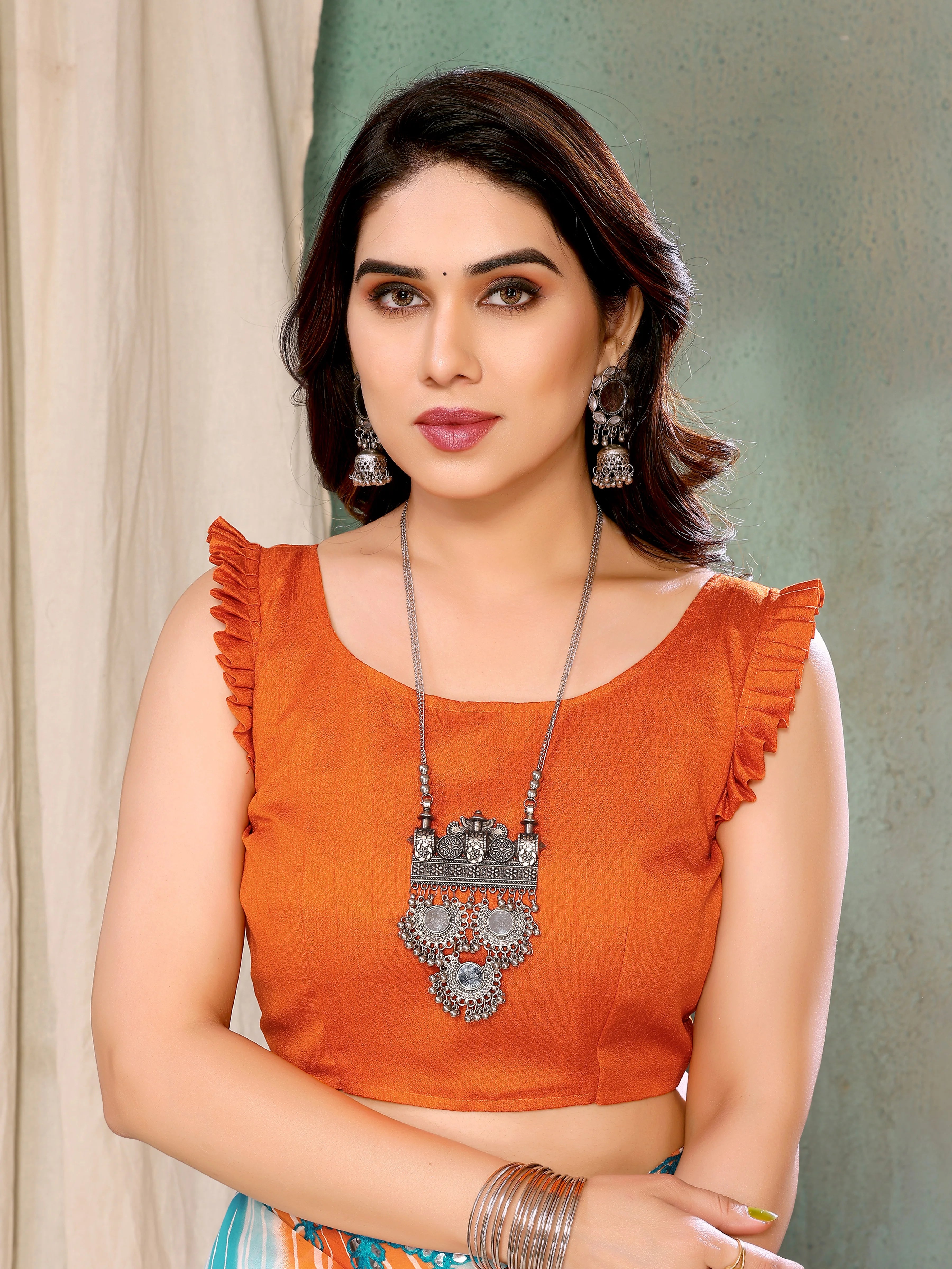 SHYAMIKA Georgette Orange Sky Tiger Printed Saree with Fancy Mirror Lace and Blouse