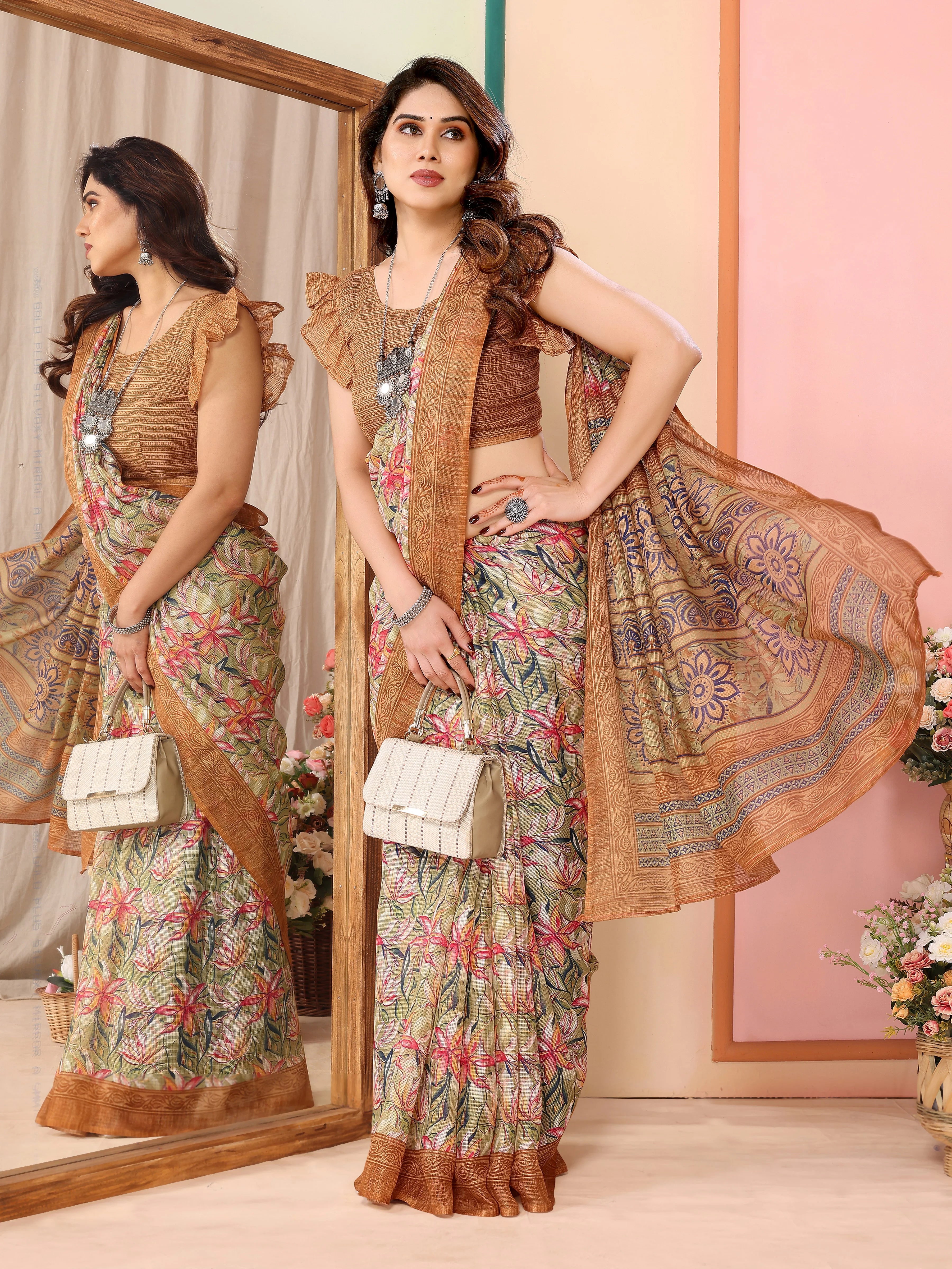 SHYAMIKA Kota Doriya Flower Printed Saree with Blouse