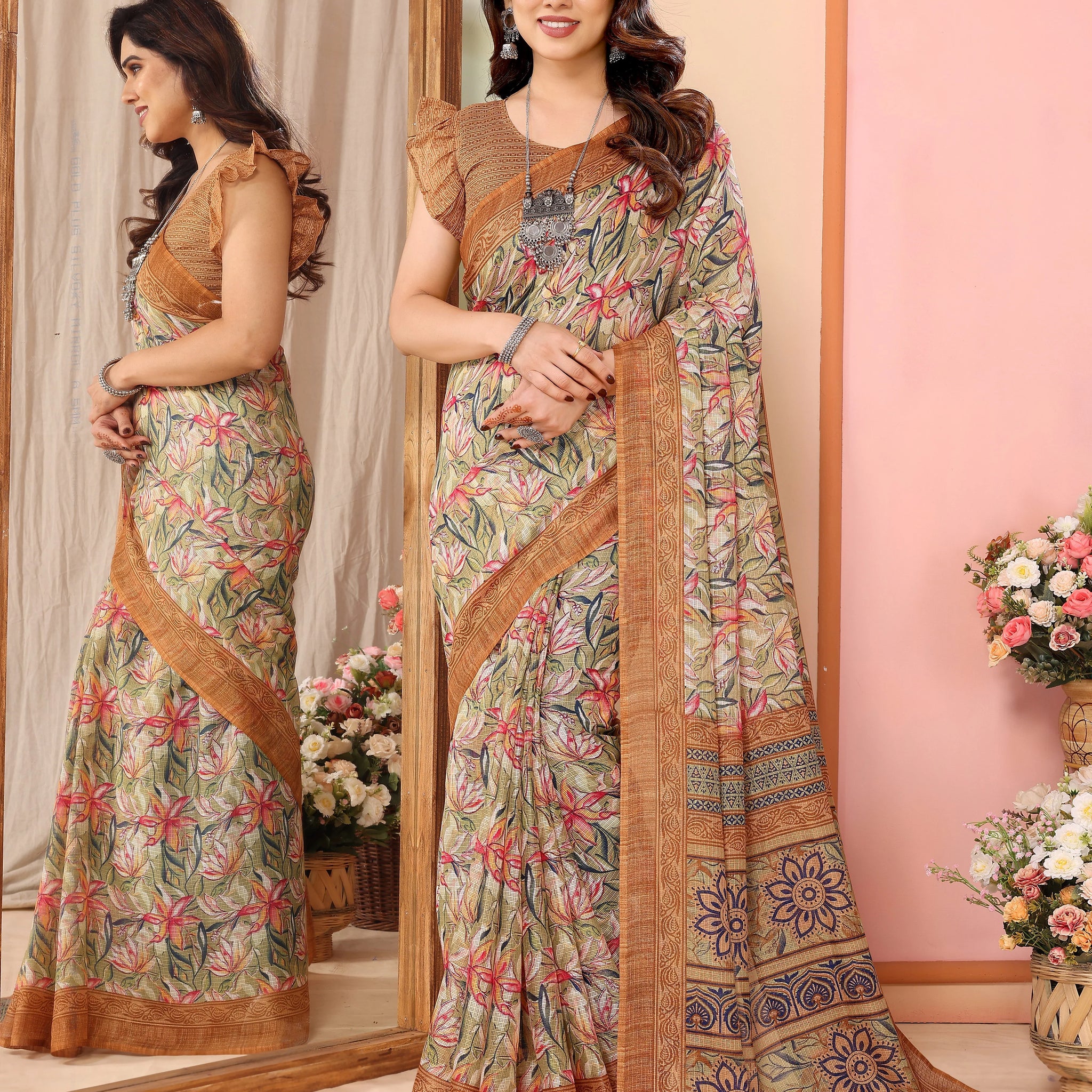 SHYAMIKA Kota Doriya Flower Printed Saree with Blouse
