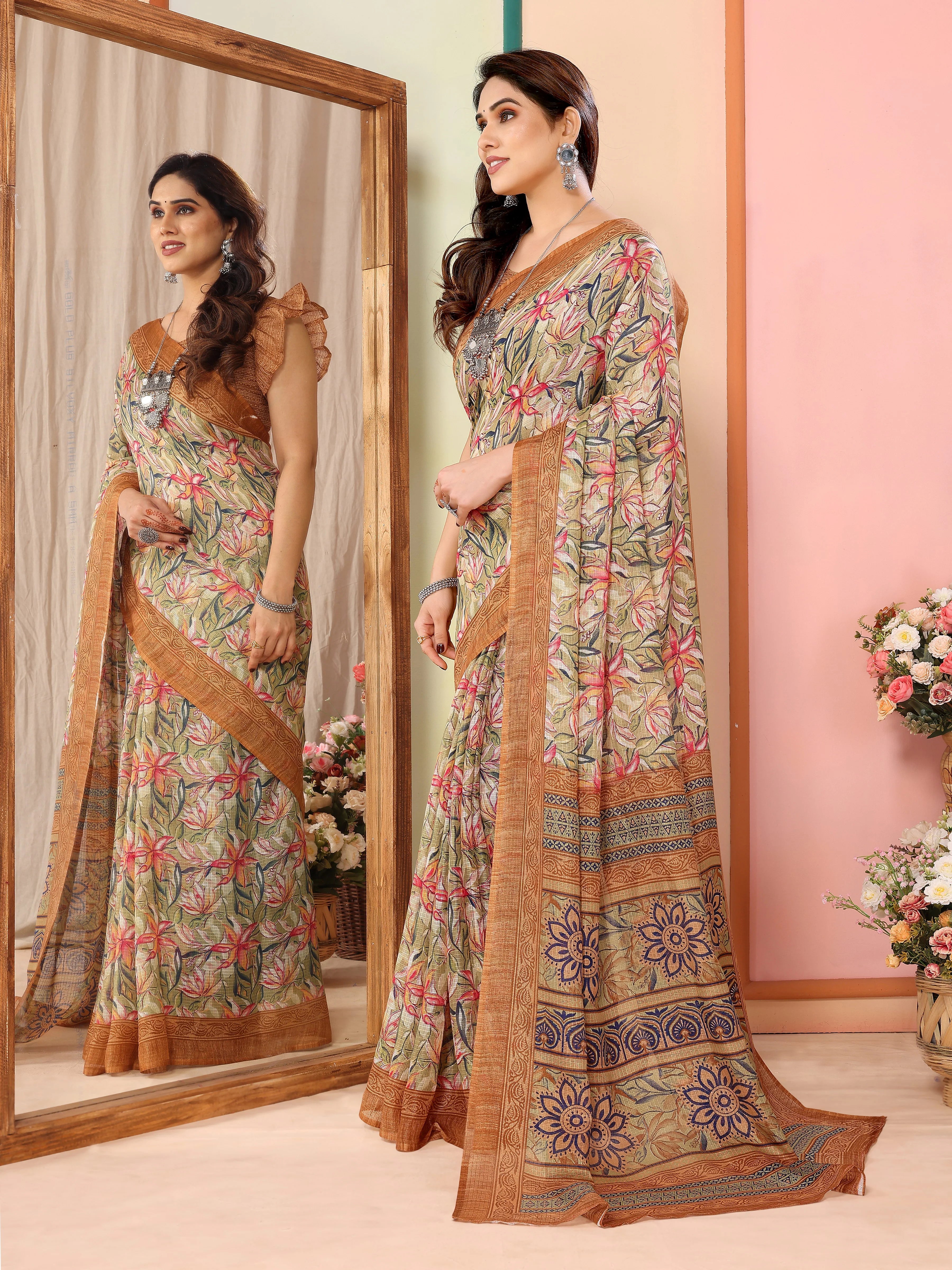 SHYAMIKA Kota Doriya Flower Printed Saree with Blouse