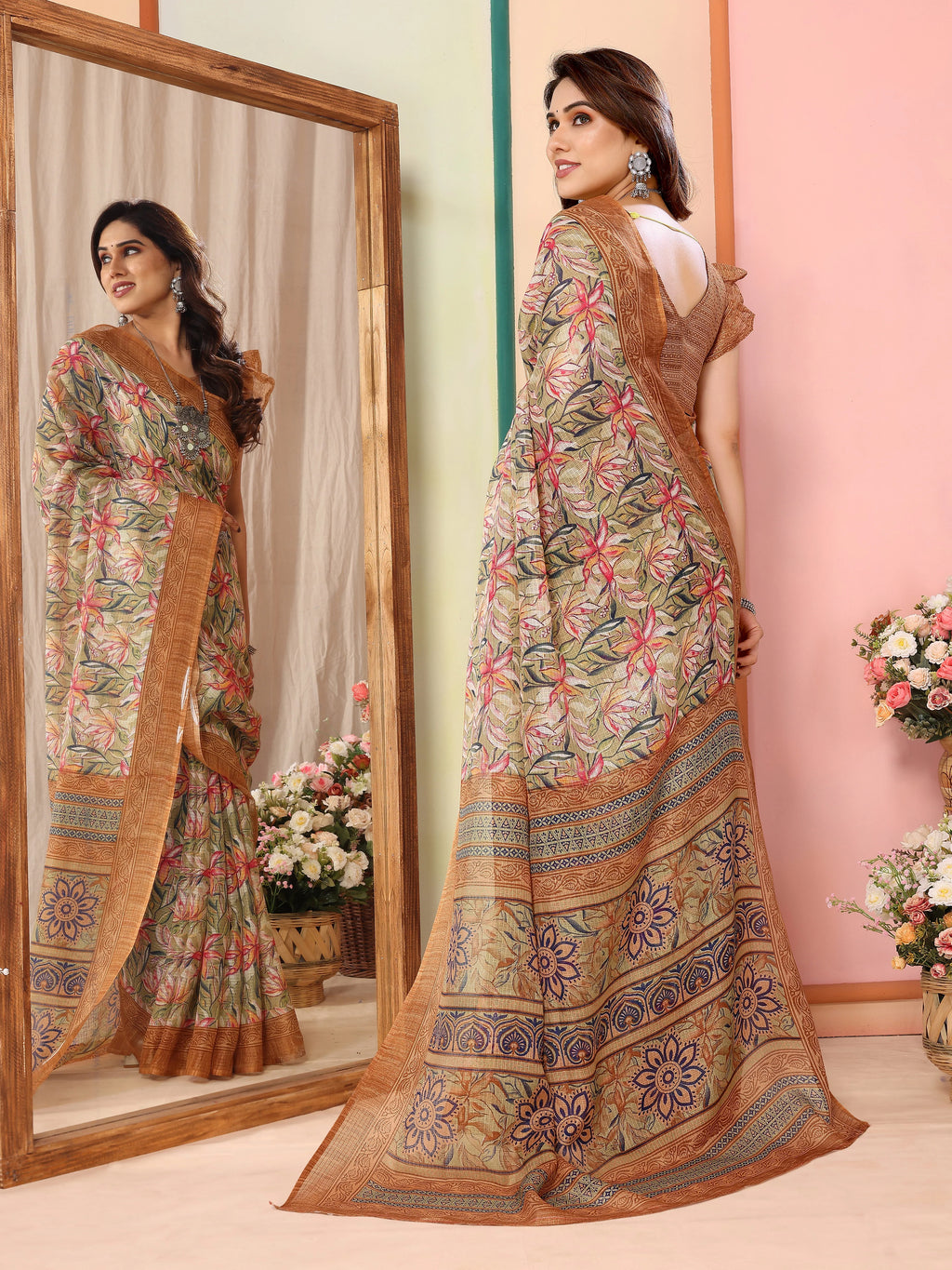 SHYAMIKA Kota Doriya Flower Printed Saree with Blouse