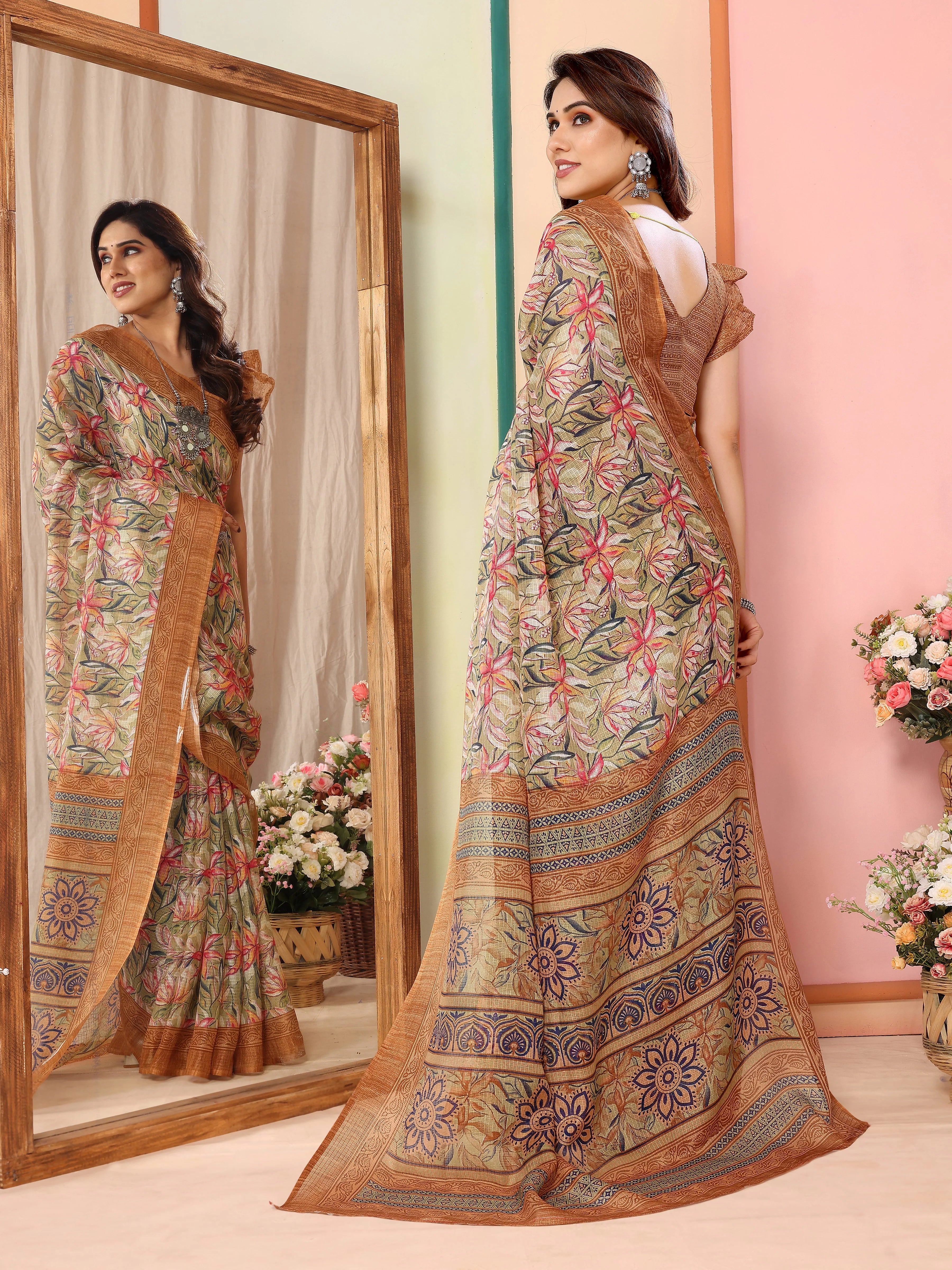 SHYAMIKA Kota Doriya Flower Printed Saree with Blouse